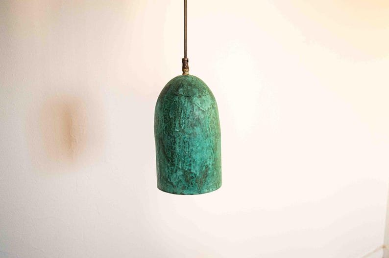 Green Patina Copper Pendant Light, Handmade Cylinder Ceiling Lamp, Rustic Moroccan Hanging Light with Warm Copper Interior