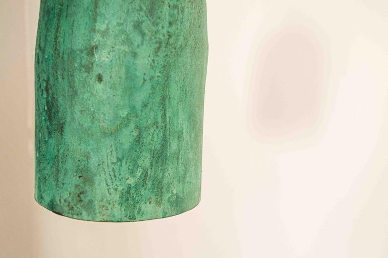 Green Patina Copper Pendant Light, Handmade Cylinder Ceiling Lamp, Rustic Moroccan Hanging Light with Warm Copper Interior