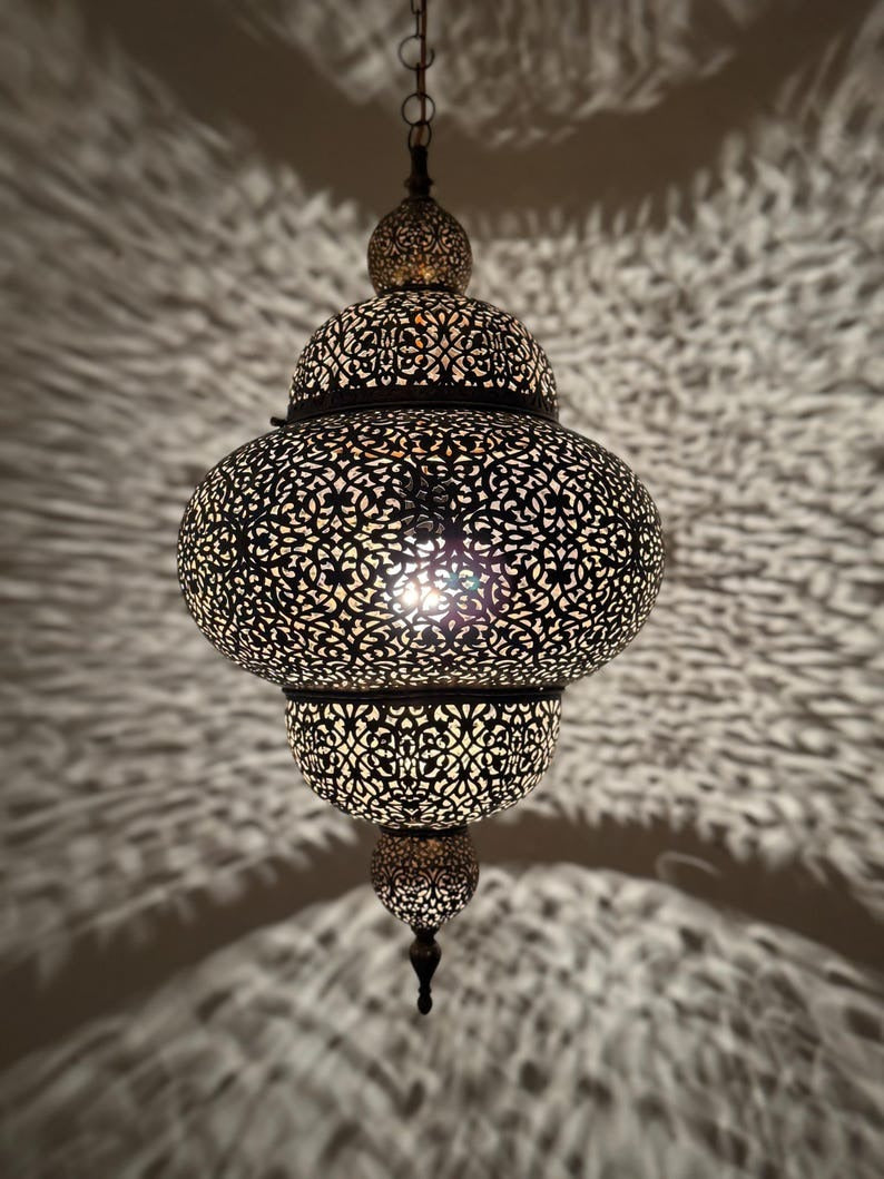 Moroccan Pierced Brass Lantern Pendant Light, Handmade Filigree Hanging Lamp, Boho Moorish Chandelier, Rustic Arabic Ceiling Light with Shadow Pattern
