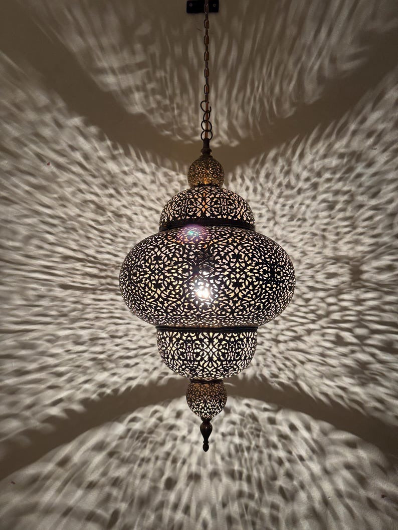 Set of 2 Moroccan Pierced Brass Lantern Pendant Lights, Handmade Filigree Hanging Lamp Pair, Boho Moorish Chandeliers, Rustic Arabic Ceiling Lights with Shadow Pattern
