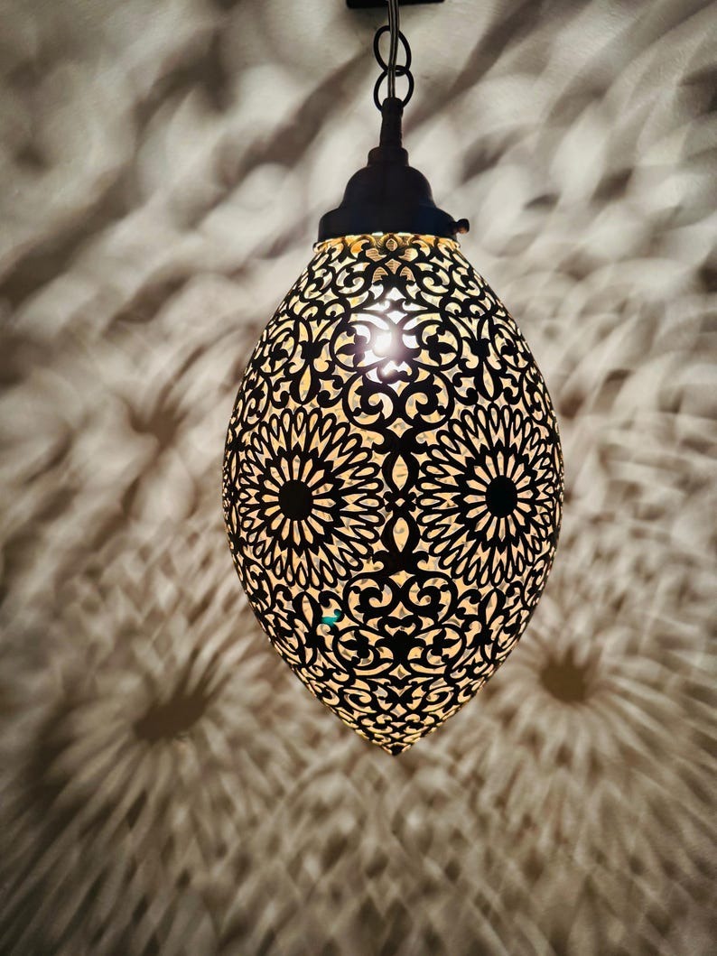 Moroccan Pierced Egg Lantern Pendant Light, Handmade Moorish Filigree Hanging Lamp, Boho Arabic Shadow Chandelier, Rustic Metal Ceiling Light Fixture