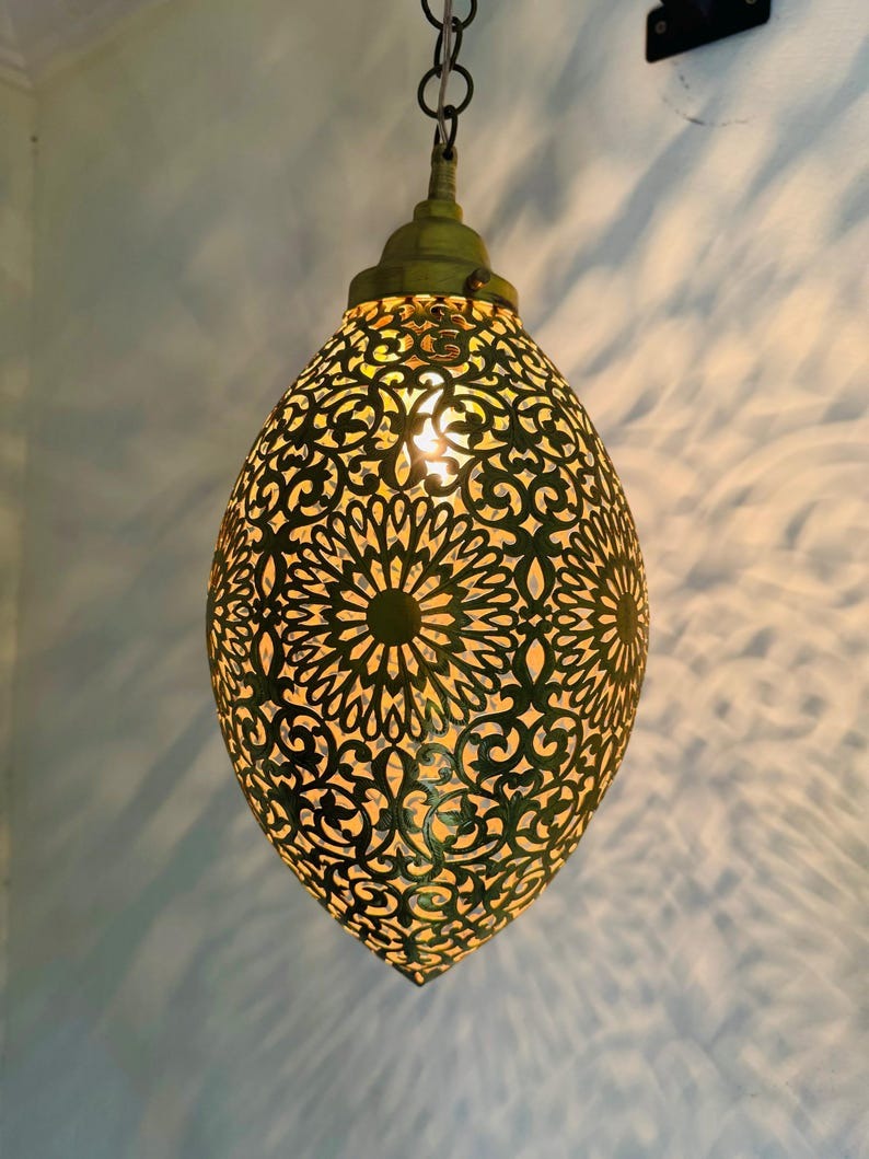 Moroccan Pierced Egg Lantern Pendant Light, Handmade Moorish Filigree Hanging Lamp, Boho Arabic Shadow Chandelier, Rustic Metal Ceiling Light Fixture