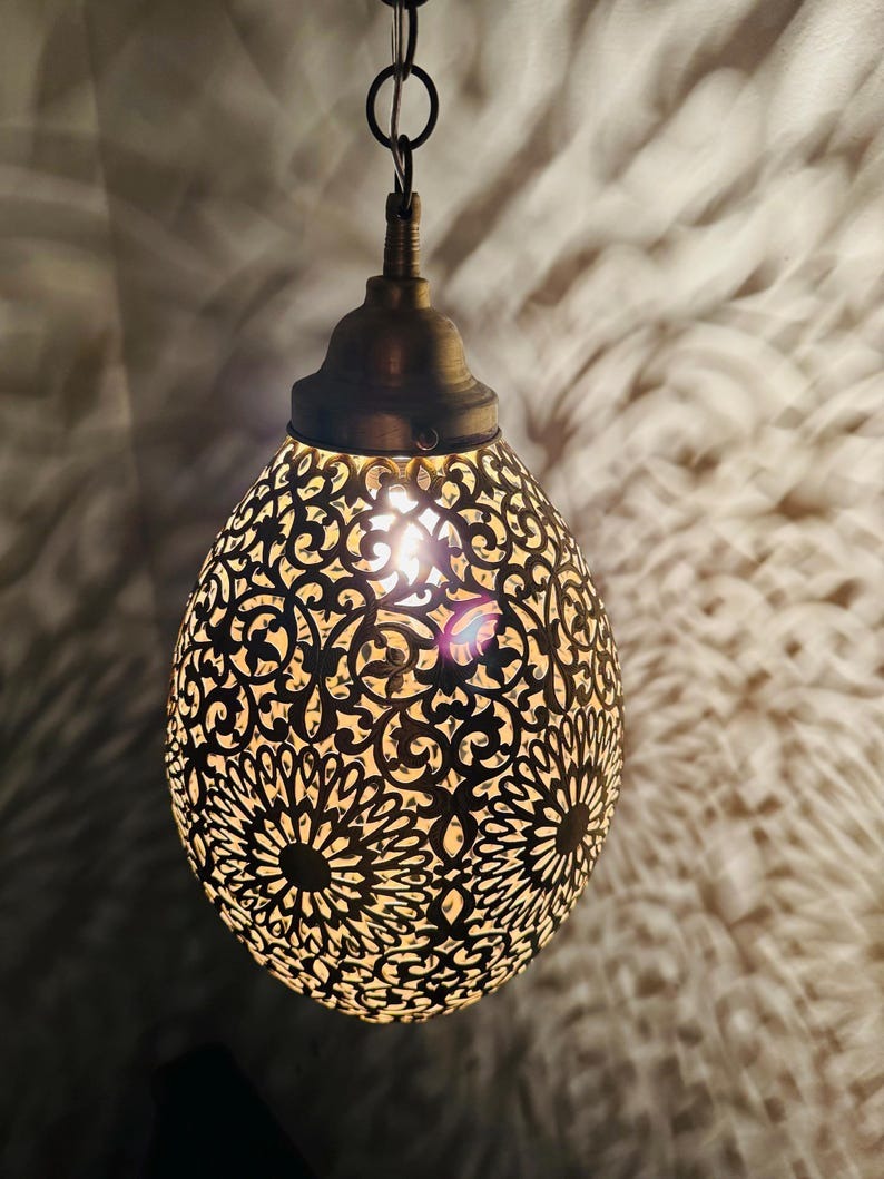 Moroccan Pierced Egg Lantern Pendant Light, Handmade Moorish Filigree Hanging Lamp, Boho Arabic Shadow Chandelier, Rustic Metal Ceiling Light Fixture