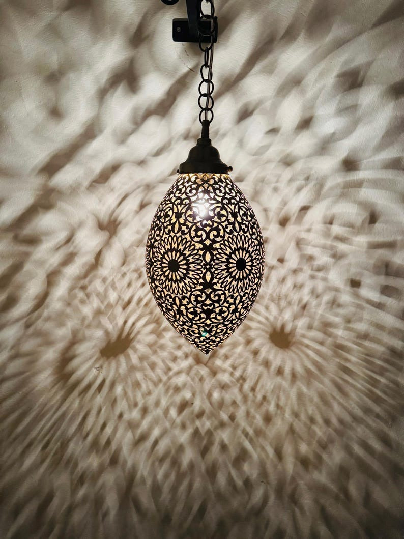 Moroccan Pierced Egg Lantern Pendant Light, Handmade Moorish Filigree Hanging Lamp, Boho Arabic Shadow Chandelier, Rustic Metal Ceiling Light Fixture