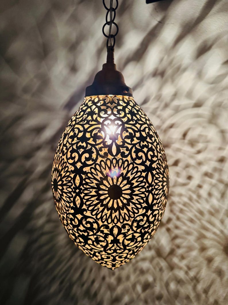 Moroccan Pierced Egg Lantern Pendant Light, Handmade Moorish Filigree Hanging Lamp, Boho Arabic Shadow Chandelier, Rustic Metal Ceiling Light Fixture