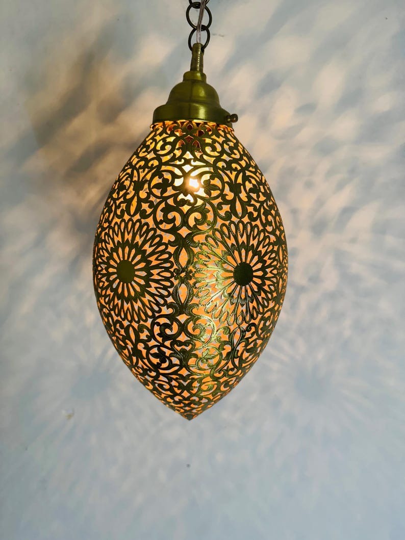 Moroccan Pierced Egg Lantern Pendant Light, Handmade Moorish Filigree Hanging Lamp, Boho Arabic Shadow Chandelier, Rustic Metal Ceiling Light Fixture