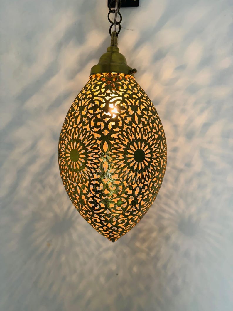 Moroccan Pierced Egg Lantern Pendant Light, Handmade Moorish Filigree Hanging Lamp, Boho Arabic Shadow Chandelier, Rustic Metal Ceiling Light Fixture