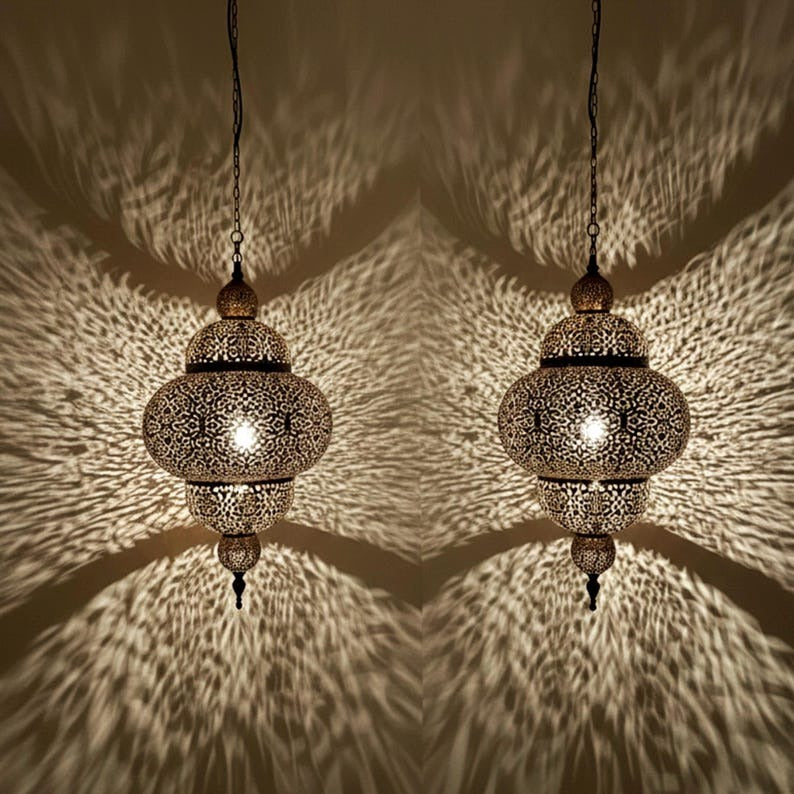Moroccan Pierced Brass Lantern Pendant Light, Handmade Filigree Hanging Lamp, Boho Moorish Chandelier, Rustic Arabic Ceiling Light with Shadow Pattern