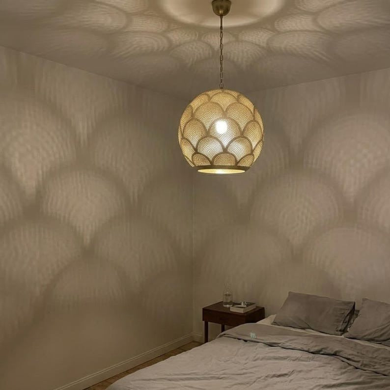 Moroccan Pierced Brass Globe Pendant Light, Handmade Scallop Pattern Hanging Lamp, Boho Arabic Shadow Chandelier, Gold Filigree Kitchen Ceiling Light Fixture