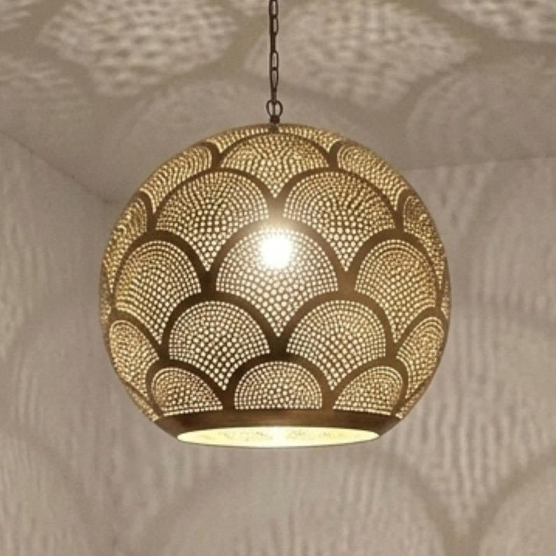 Moroccan Pierced Brass Globe Pendant Light, Handmade Scallop Pattern Hanging Lamp, Boho Arabic Shadow Chandelier, Gold Filigree Kitchen Ceiling Light Fixture