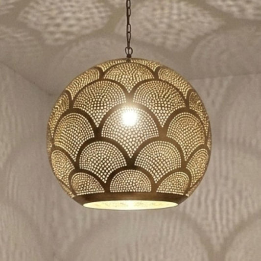 Moroccan Pierced Brass Globe Pendant Light, Handmade Scallop Pattern Hanging Lamp, Boho Arabic Shadow Chandelier, Gold Filigree Kitchen Ceiling Light Fixture