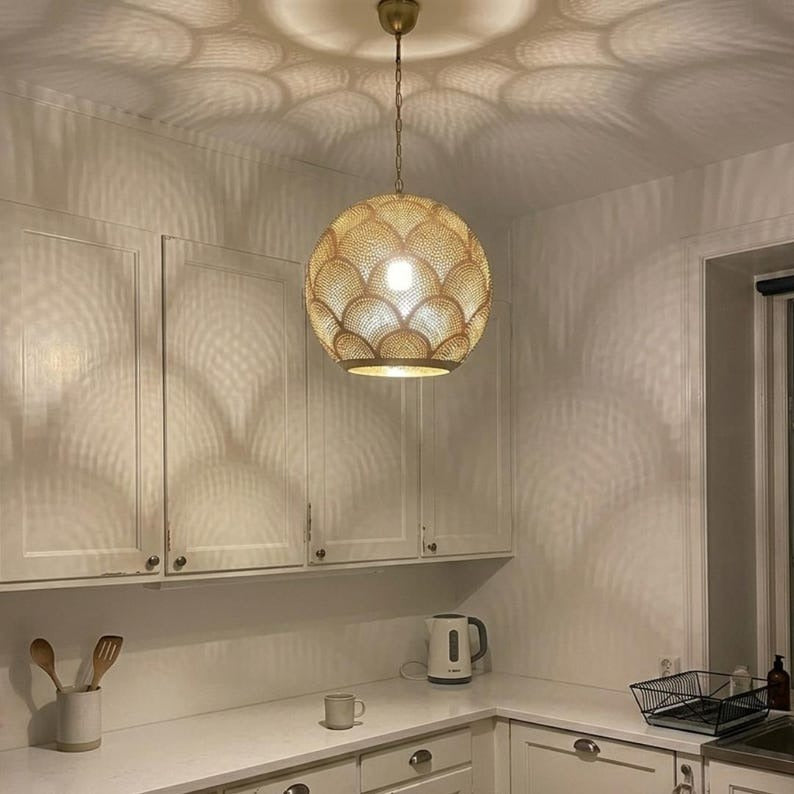 Moroccan Pierced Brass Globe Pendant Light, Handmade Scallop Pattern Hanging Lamp, Boho Arabic Shadow Chandelier, Gold Filigree Kitchen Ceiling Light Fixture