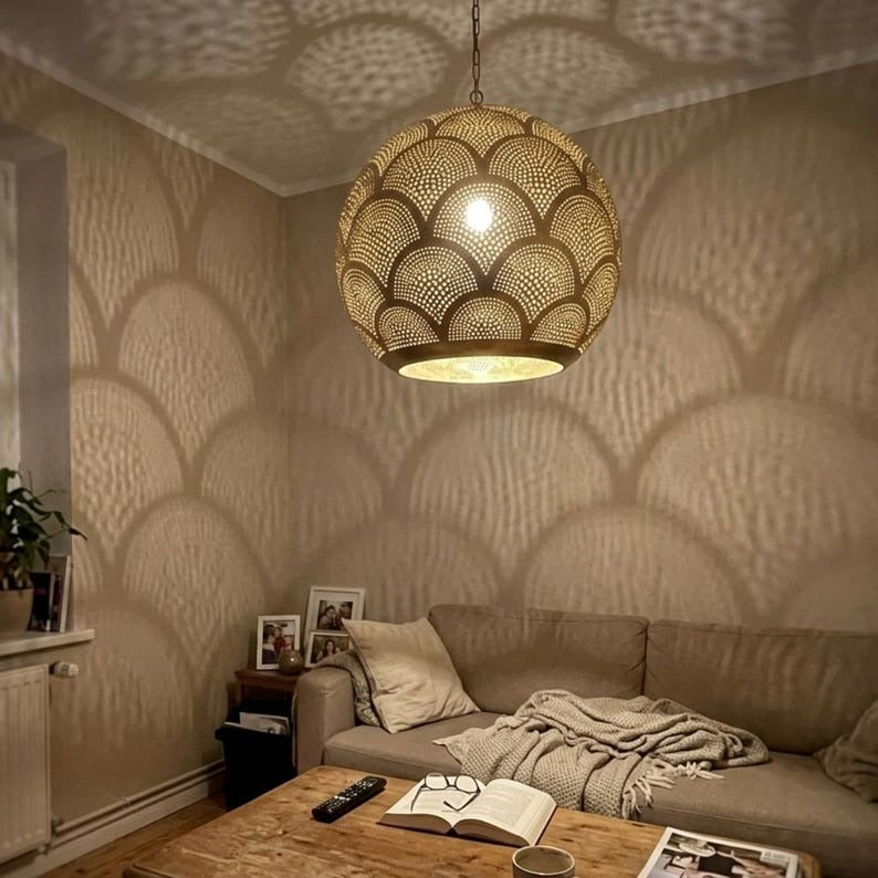 Moroccan Pierced Brass Globe Pendant Light, Handmade Scallop Pattern Hanging Lamp, Boho Arabic Shadow Chandelier, Gold Filigree Kitchen Ceiling Light Fixture