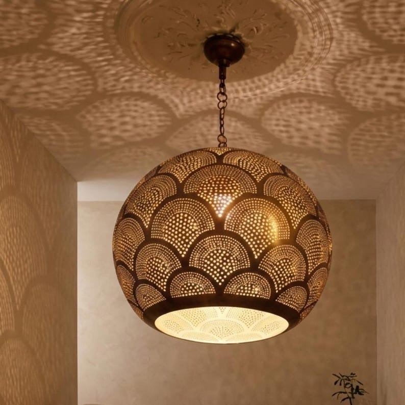 Moroccan Pierced Brass Globe Pendant Light, Handmade Scallop Pattern Hanging Lamp, Boho Arabic Shadow Chandelier, Gold Filigree Kitchen Ceiling Light Fixture