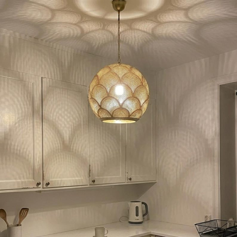 Moroccan Pierced Brass Globe Pendant Light, Handmade Scallop Pattern Hanging Lamp, Boho Arabic Shadow Chandelier, Gold Filigree Kitchen Ceiling Light Fixture