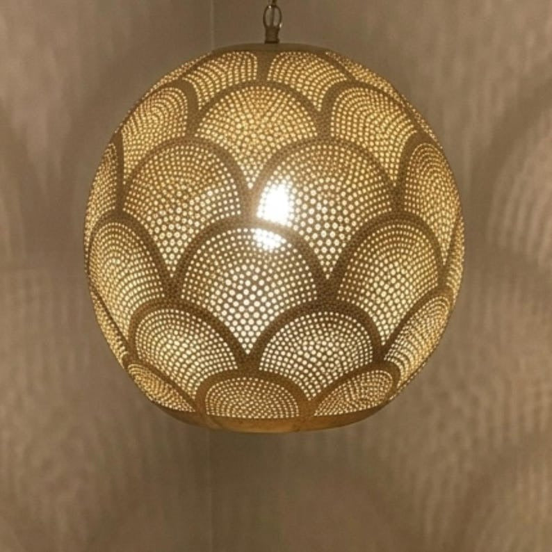 Moroccan Pierced Brass Globe Pendant Light, Handmade Scallop Pattern Hanging Lamp, Boho Arabic Shadow Chandelier, Gold Filigree Kitchen Ceiling Light Fixture