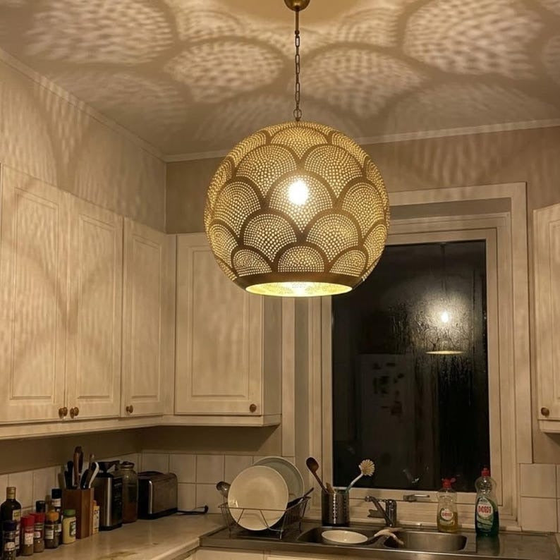 Moroccan Pierced Brass Globe Pendant Light, Handmade Scallop Pattern Hanging Lamp, Boho Arabic Shadow Chandelier, Gold Filigree Kitchen Ceiling Light Fixture
