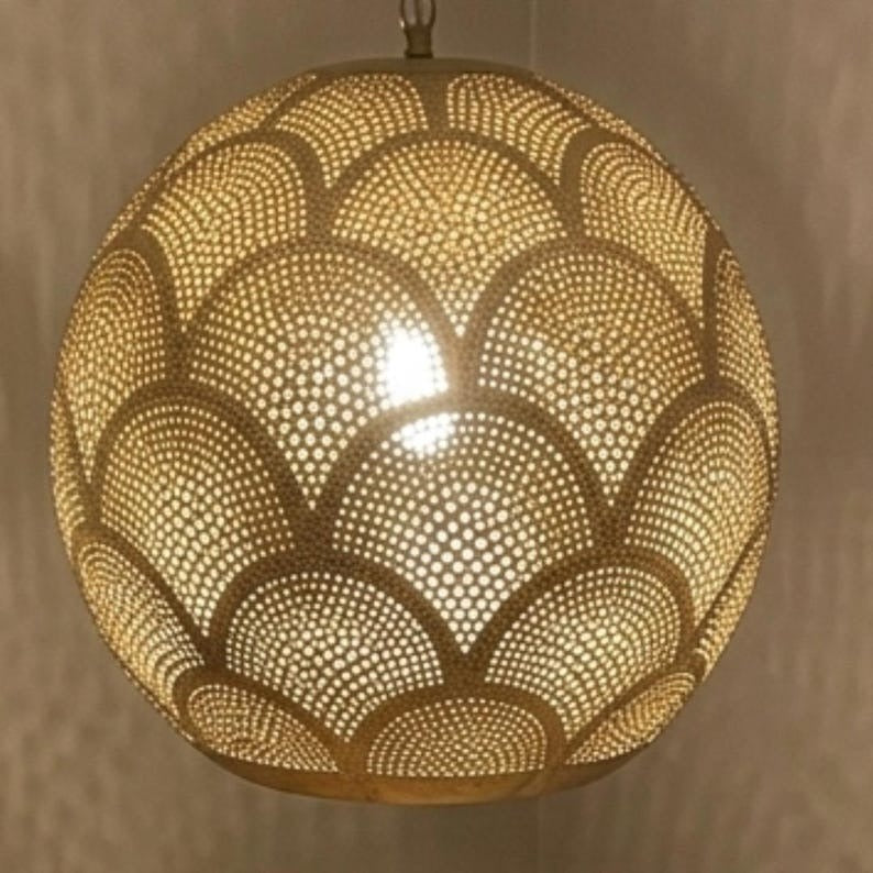Moroccan Pierced Brass Globe Pendant Light, Handmade Scallop Pattern Hanging Lamp, Boho Arabic Shadow Chandelier, Gold Filigree Kitchen Ceiling Light Fixture