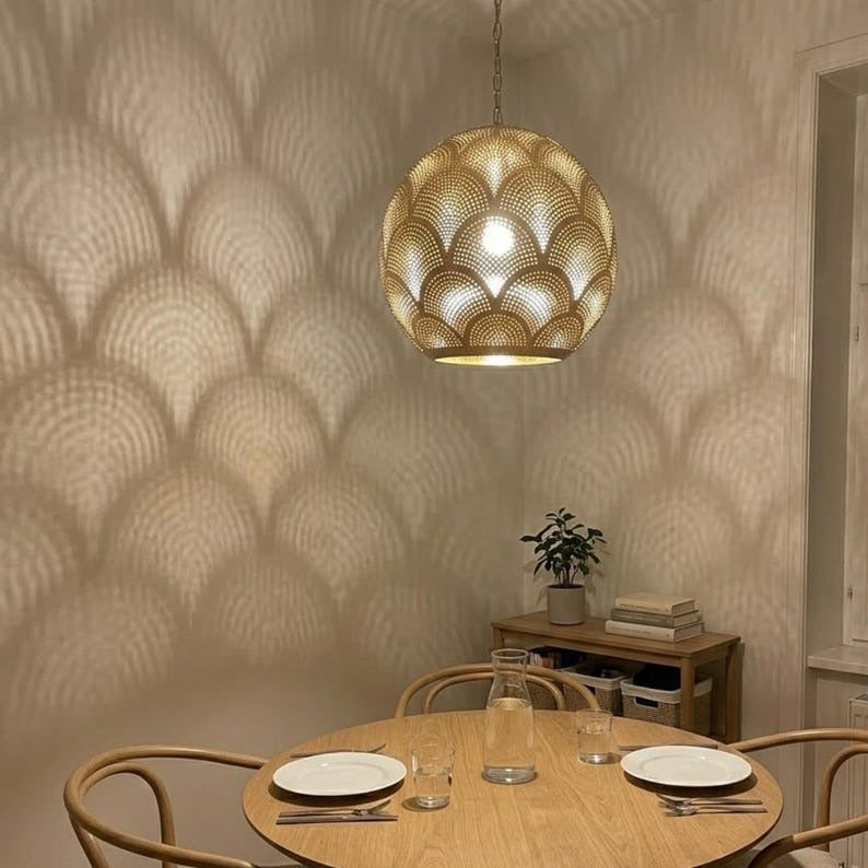 Moroccan Pierced Brass Globe Pendant Light, Handmade Scallop Pattern Hanging Lamp, Boho Arabic Shadow Chandelier, Gold Filigree Kitchen Ceiling Light Fixture