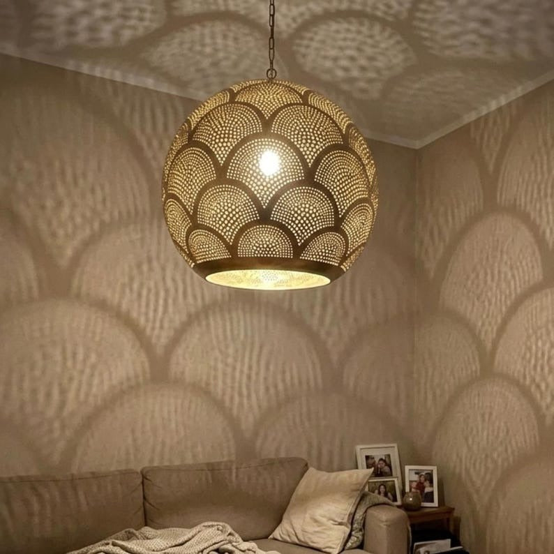 Moroccan Pierced Brass Globe Pendant Light, Handmade Scallop Pattern Hanging Lamp, Boho Arabic Shadow Chandelier, Gold Filigree Kitchen Ceiling Light Fixture