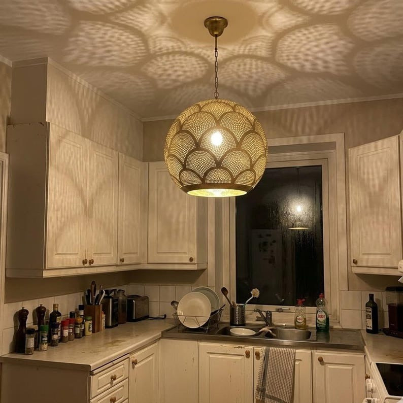 Moroccan Pierced Brass Globe Pendant Light, Handmade Scallop Pattern Hanging Lamp, Boho Arabic Shadow Chandelier, Gold Filigree Kitchen Ceiling Light Fixture