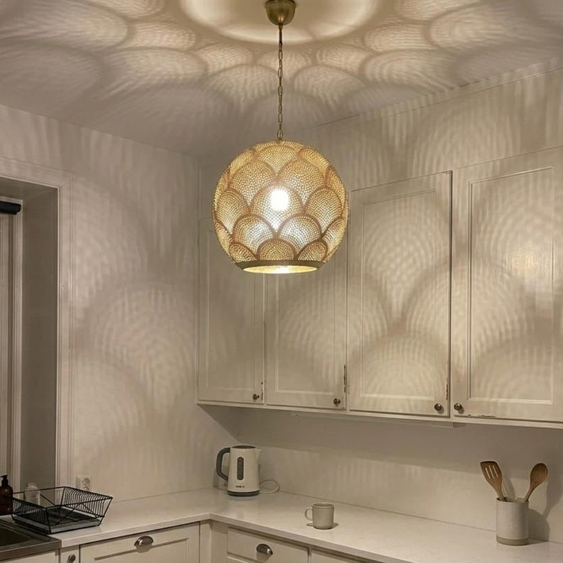 Moroccan Pierced Brass Globe Pendant Light, Handmade Scallop Pattern Hanging Lamp, Boho Arabic Shadow Chandelier, Gold Filigree Kitchen Ceiling Light Fixture