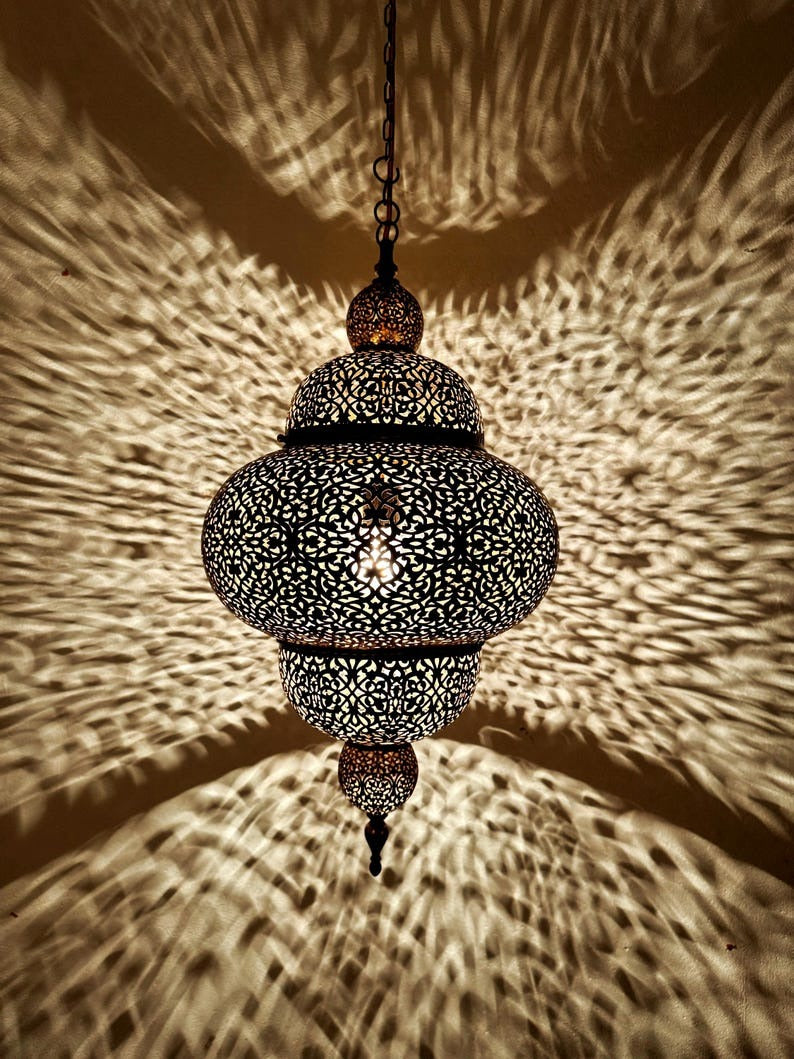 Moroccan Pierced Brass Lantern Pendant Light, Handmade Filigree Hanging Lamp, Boho Moorish Chandelier, Rustic Arabic Ceiling Light with Shadow Pattern