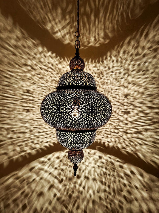 Moroccan Pierced Brass Lantern Pendant Light, Handmade Filigree Hanging Lamp, Boho Moorish Chandelier, Rustic Arabic Ceiling Light with Shadow Pattern