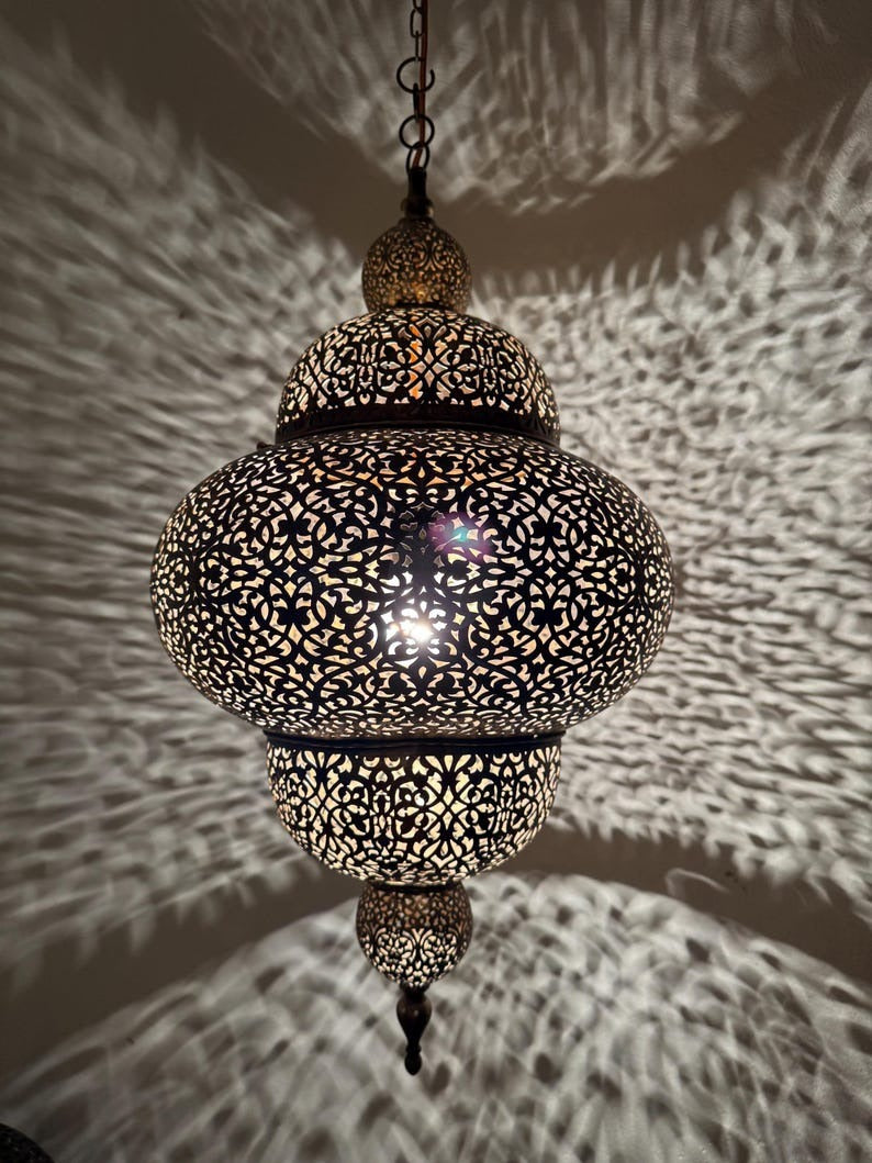 Set of 2 Moroccan Pierced Brass Lantern Pendant Lights, Handmade Filigree Hanging Lamp Pair, Boho Moorish Chandeliers, Rustic Arabic Ceiling Lights with Shadow Pattern