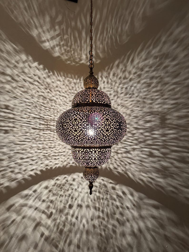 Moroccan Pierced Brass Lantern Pendant Light, Handmade Filigree Hanging Lamp, Boho Moorish Chandelier, Rustic Arabic Ceiling Light with Shadow Pattern