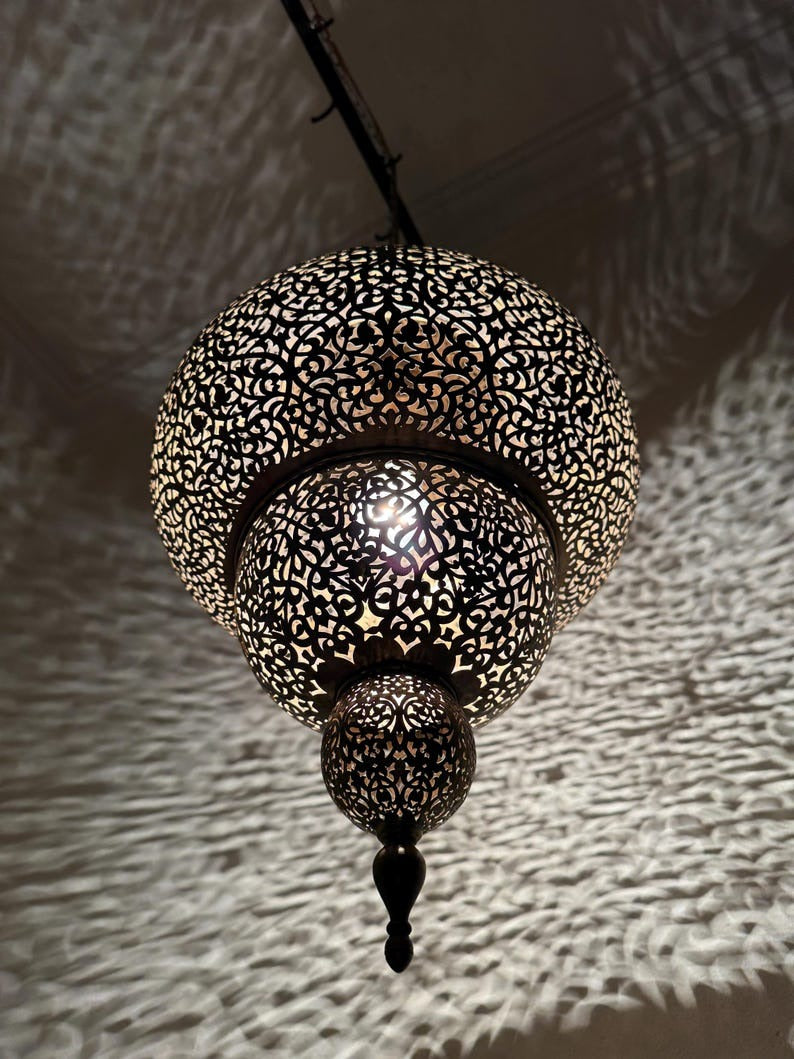 Moroccan Pierced Brass Lantern Pendant Light, Handmade Filigree Hanging Lamp, Boho Moorish Chandelier, Rustic Arabic Ceiling Light with Shadow Pattern