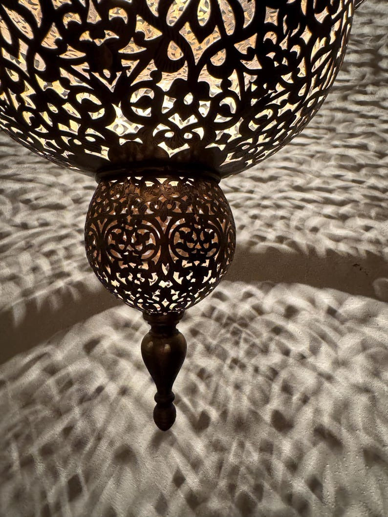Moroccan Pierced Brass Lantern Pendant Light, Handmade Filigree Hanging Lamp, Boho Moorish Chandelier, Rustic Arabic Ceiling Light with Shadow Pattern