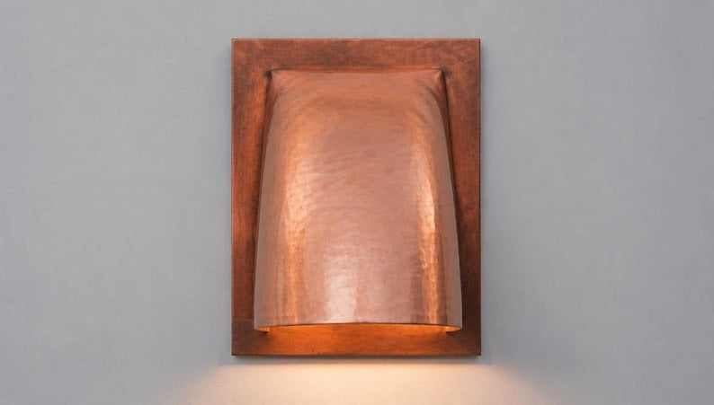 Handmade Copper Finish Brass Wall Sconce – Curved Architectural Wall Light with Hammered Dome Shade for Bedroom, Bathroom, Hallway, Entryway and Modern Rustic Décor
