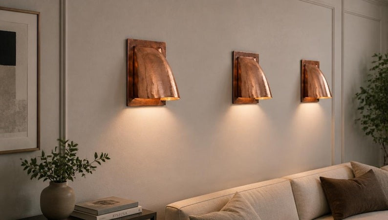 Handmade Copper Finish Brass Wall Sconce – Curved Architectural Wall Light with Hammered Dome Shade for Bedroom, Bathroom, Hallway, Entryway and Modern Rustic Décor