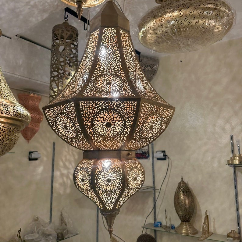 Large Moroccan Brass Pierced Lantern Chandelier, Handmade Moorish Geometric Hanging Pendant Light, Luxury Gold Arabic Shadow Lamp, Boho Filigree Brass Ceiling Light Fixture
