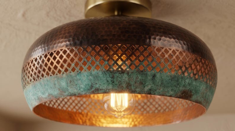 Handmade Brass Flush Mount Ceiling Light – Copper Hammered Brass Dome Fixture with Verdigris Green Patina Band, Moroccan Pierced Ceiling Lamp