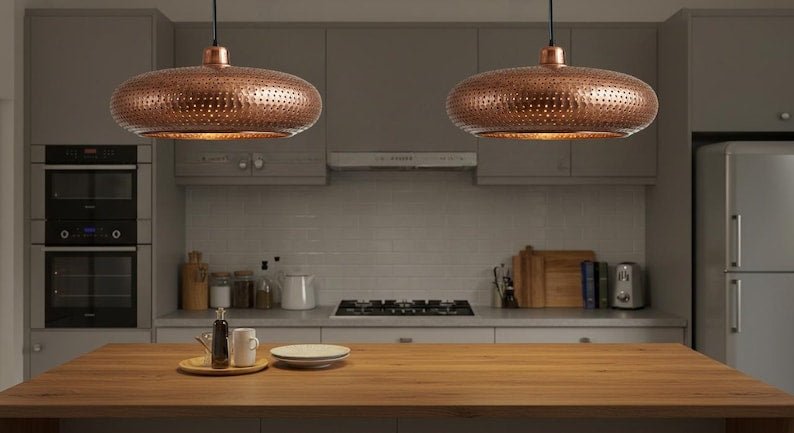 Hammered Copper Disc Pendant Light, Handmade Moroccan Perforated Copper Saucer Chandelier, Rustic Kitchen Island Hanging Lamp, Boho Farmhouse Ceiling Light Fixture