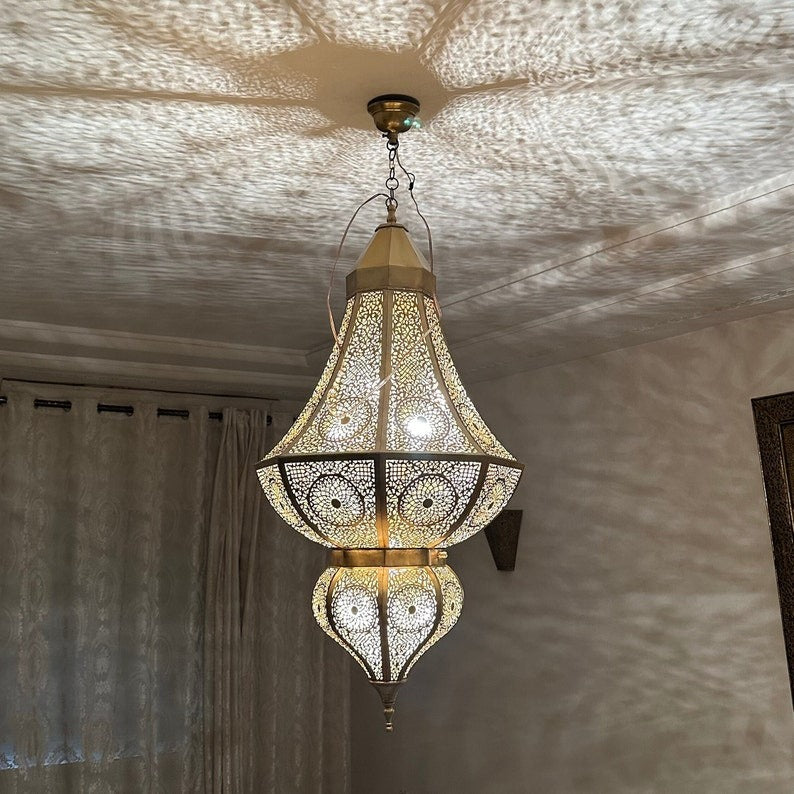 Large Moroccan Brass Pierced Lantern Chandelier, Handmade Moorish Geometric Hanging Pendant Light, Luxury Gold Arabic Shadow Lamp, Boho Filigree Brass Ceiling Light Fixture