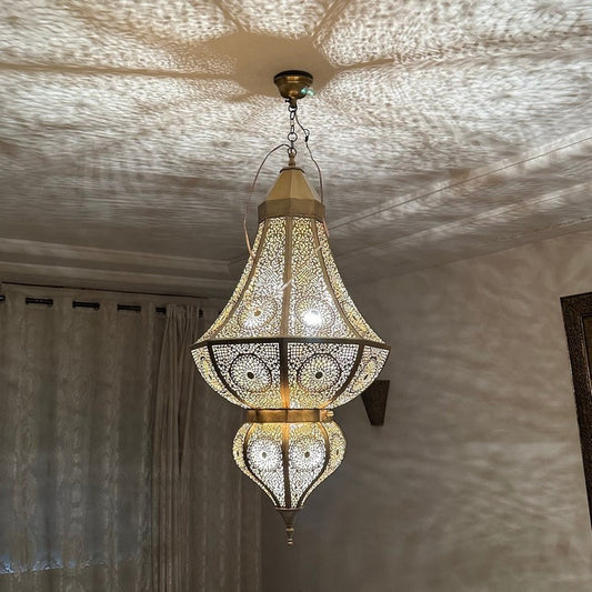 Large Moroccan Brass Pierced Lantern Chandelier, Handmade Moorish Geometric Hanging Pendant Light, Luxury Gold Arabic Shadow Lamp, Boho Filigree Brass Ceiling Light Fixture