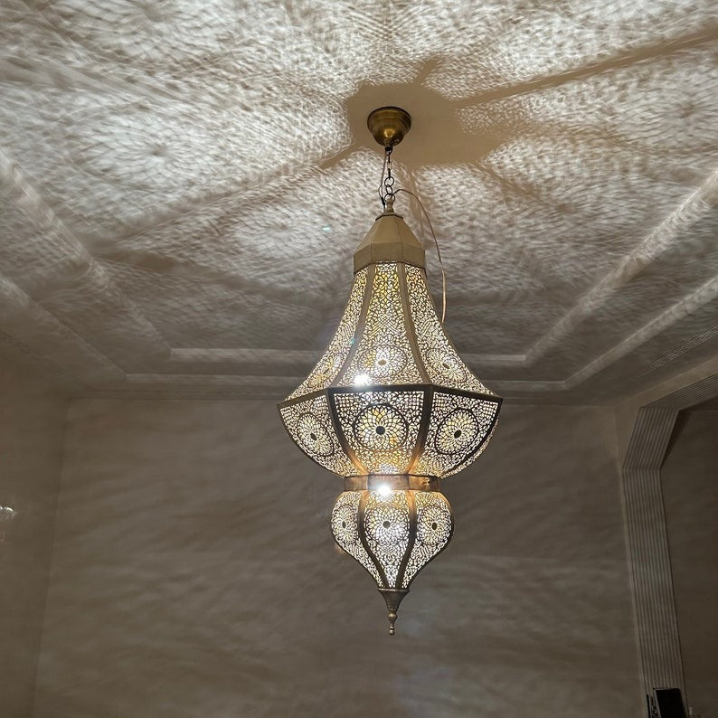 Large Moroccan Brass Pierced Lantern Chandelier, Handmade Moorish Geometric Hanging Pendant Light, Luxury Gold Arabic Shadow Lamp, Boho Filigree Brass Ceiling Light Fixture