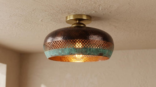 Handmade Brass Flush Mount Ceiling Light – Copper Hammered Brass Dome Fixture with Verdigris Green Patina Band, Moroccan Pierced Ceiling Lamp