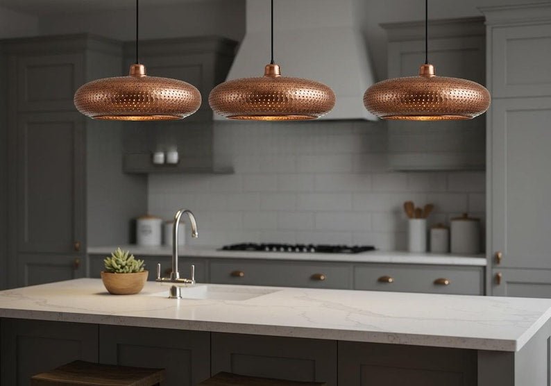 Hammered Copper Disc Pendant Light, Handmade Moroccan Perforated Copper Saucer Chandelier, Rustic Kitchen Island Hanging Lamp, Boho Farmhouse Ceiling Light Fixture