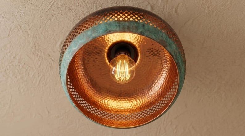 Handmade Brass Flush Mount Ceiling Light – Copper Hammered Brass Dome Fixture with Verdigris Green Patina Band, Moroccan Pierced Ceiling Lamp