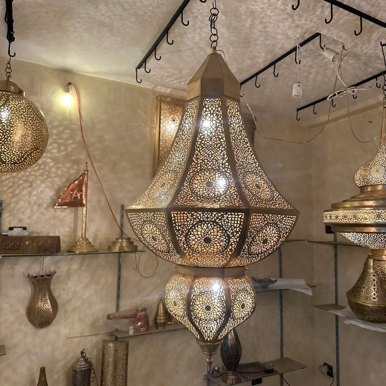 Large Moroccan Brass Pierced Lantern Chandelier, Handmade Moorish Geometric Hanging Pendant Light, Luxury Gold Arabic Shadow Lamp, Boho Filigree Brass Ceiling Light Fixture