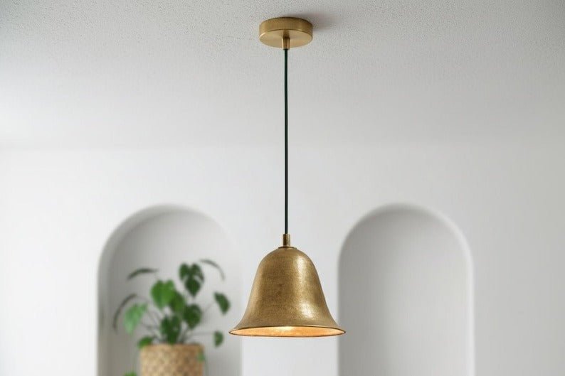 Handmade Moroccan Brass Bell Pendant Light – Antique Gold Brass Hanging Lamp with Flared Shade, Warm Boho Mediterranean Ceiling Light for Kitchen Island, Dining Room, Bedroom & Entryway