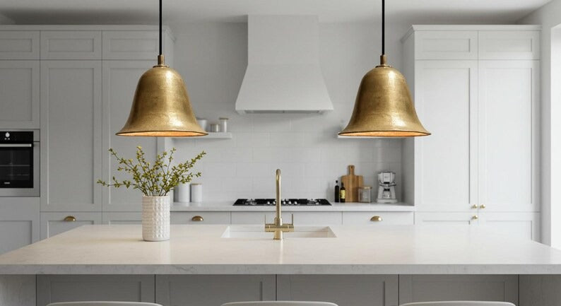 Handmade Moroccan Brass Bell Pendant Light – Antique Gold Brass Hanging Lamp with Flared Shade, Warm Boho Mediterranean Ceiling Light for Kitchen Island, Dining Room, Bedroom & Entryway