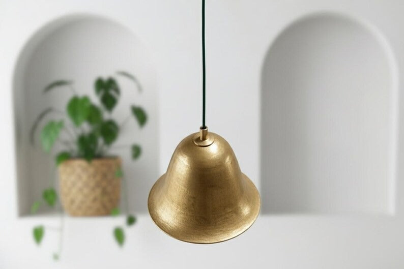 Handmade Moroccan Brass Bell Pendant Light – Antique Gold Brass Hanging Lamp with Flared Shade, Warm Boho Mediterranean Ceiling Light for Kitchen Island, Dining Room, Bedroom & Entryway