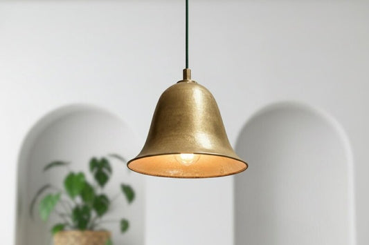 Handmade Moroccan Brass Bell Pendant Light – Antique Gold Brass Hanging Lamp with Flared Shade, Warm Boho Mediterranean Ceiling Light for Kitchen Island, Dining Room, Bedroom & Entryway