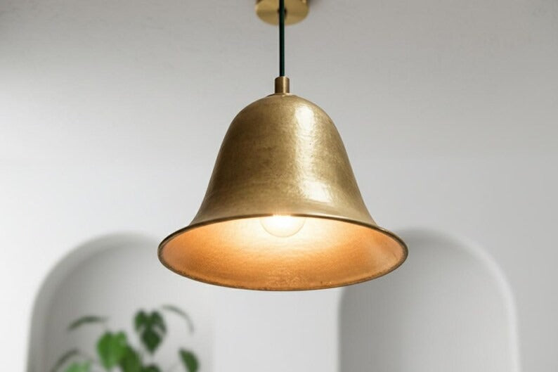 Handmade Moroccan Brass Bell Pendant Light – Antique Gold Brass Hanging Lamp with Flared Shade, Warm Boho Mediterranean Ceiling Light for Kitchen Island, Dining Room, Bedroom & Entryway