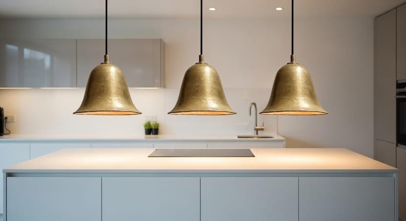Handmade Moroccan Brass Bell Pendant Light – Antique Gold Brass Hanging Lamp with Flared Shade, Warm Boho Mediterranean Ceiling Light for Kitchen Island, Dining Room, Bedroom & Entryway